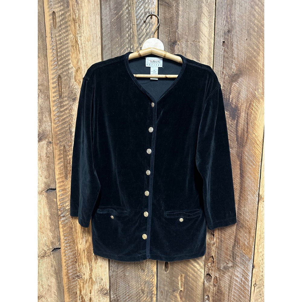Vintage‎ Talbots Black Velvet Cardigan PS Jacket Gold Buttons 90s Preppy Classic